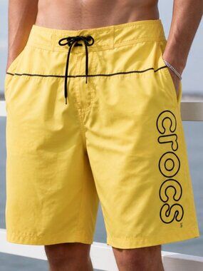 Crocs Men’s Board Shorts Swim Trunks Yellow Mesh Lined Spell Out Logo Size XL